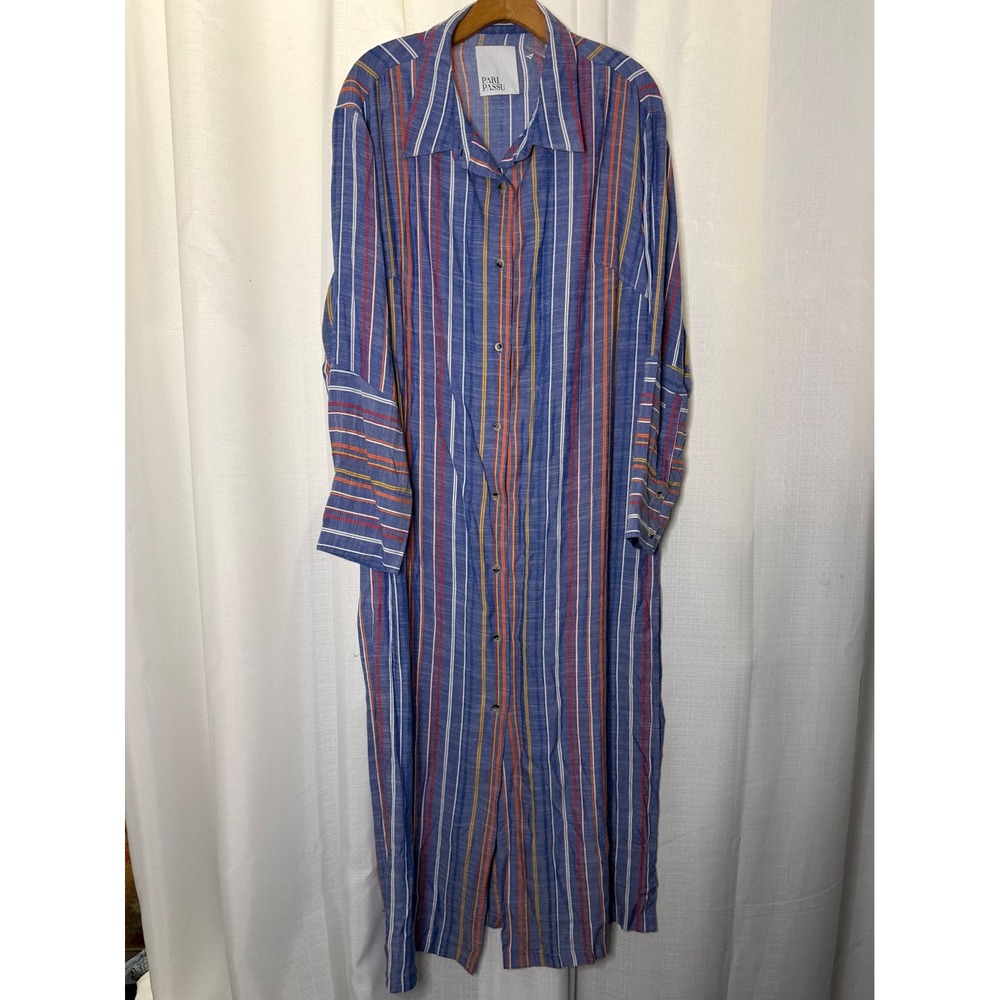 Pari Passu Striped Button Down Tunic Size 16 Cover Up Blue Orange Resort Chic